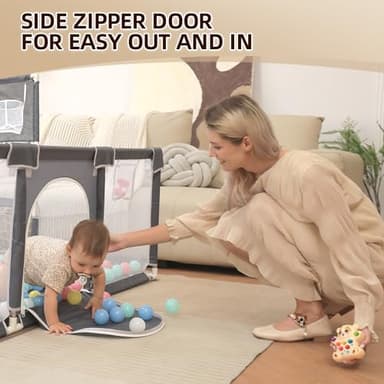 Playpen for Babies and Toddlers,73"x71"Baby Playpen with Mat Indoor＆Outdoor with Breathable Play Pen with Ocean Balls Hanging Pocket Basketball Hoop and Football Goal (Grey with Mat, 73"x71") - Image 5