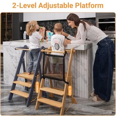 COSYLAND Foldable Toddler Standing Tower - Adjustable Height Folding Step Stool Kids Toddler Kitchen Stool Helper for Learning and Cooking - Ages 18 Months to 6 Years with Safety net Natural & Grey - Image 3
