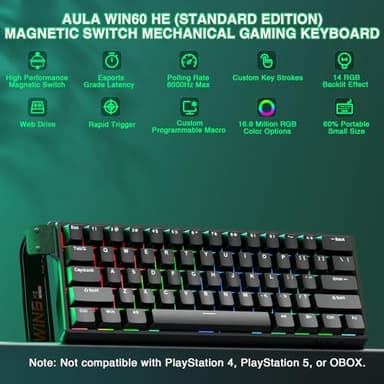Aula WIN60 HE - 60% Mechanical Gaming Keyboard Wired, Magnetic Switch Hot Swappable, Adjustable Actuation Rapid Trigger Mode, 8000 Hz Polling Rate, RGB Small Keyboard 60 Percent Compact Design for PC - Image 2