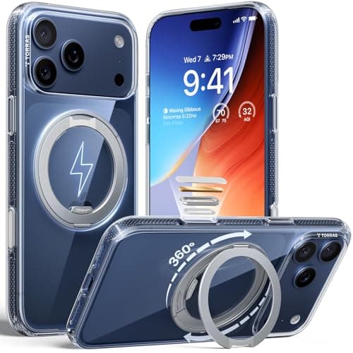 TORRAS 360 Magnetic Stand for iPhone 17 Pro Case, [Fit for MagSafe] [Rotatable Ring Kickstand] [4X Mil-Grade Shockproof] Slim Phone Cover, Camera Button, Crystal Clear, Transparent, Ostand O3 Fitness - Image 1