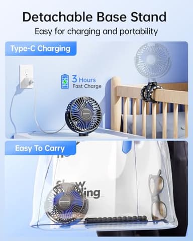 SWEETFULL Portable Stroller Fan with Display 4000mAh Battery Powered Mini Clip On Fan, 4-Speed Rechargeable Small Personal Cooling for Baby Car Seat Crib Travel - Black - Image 6