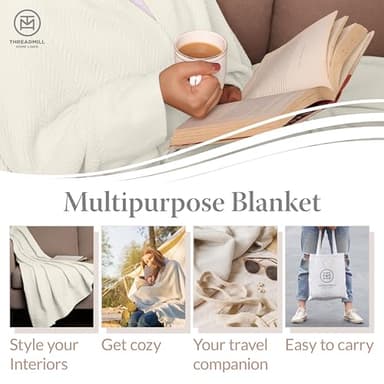 Threadmill Luxury Cotton Blankets for King Size Bed | All-Season Cozy 100% Cotton King Size Blanket | Herringbone Soft Fall Thermal Blanket fits Cal King Size Bed | Tusk White - Image 2