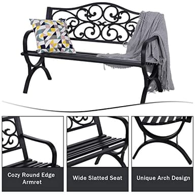MFSTUDIO 50 Inches Outdoor Garden Bench, Cast Iron Metal Frame Patio Park Bench with Floral Pattern Backrest, Arch Legs for Porch Lawn Garden Yard(Black) - Image 4