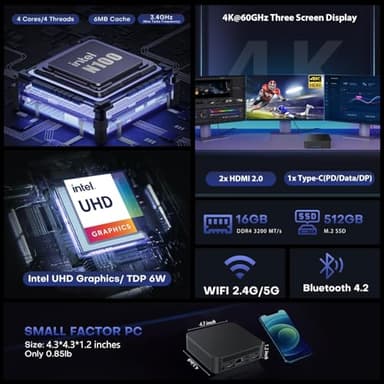 Mini PC N100,Intel 12th Gen N100,16GB DDR4 RAM 512GB M.2 SSD Mini Computers,Mini Desktop Computer Support 4K Triple Display/RJ45 LAN/USB3.0/WiFi5/BT4.2/Gigabit Ethernet Home/Office - Image 2