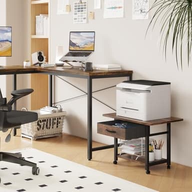 YAOHUOO Large Printer Stand with Storage Drawer, 2-Tier Under Desk Table for Home Office, Fits Fax Machine/3D Printer/Scanner (Brown) - Image 4
