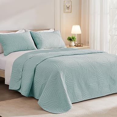 Exclusivo Mezcla Queen Quilt Bedding Set, Lightweight Aqua Blue Quilts Queen Full Size for All Seasons, Soft Microfiber Bedspreads Coverlets Bed Cover with Leaf Pattern, 3 Piece - Image 2