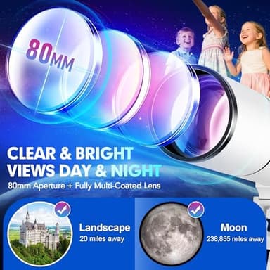 Hawkko Telescope for Adults & Kids – 80mm Aperture 500mm Telescopes for Adults Astronomy, (20X-150X) Portable Refractor Telescope Kit for Beginners with Decorate Stickers, AZ Tripod, Phone Adapter - Image 5