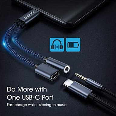 Xumee USB Type C to 3.5mm Headphone and Charger Adapter, 2-in-1 USB C to Aux Audio Jack Hi-Res DAC and Fast Charging Dongle Cable Compatible with iPhone 16/15 Pro Max,Galaxy S25 S24 Ultra (Grey) - Image 3