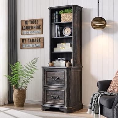 T4TREAM 6-Tier Bookcase Set of 2 with 2 File Drawers, 72" Tall Farmhouse Bookshelf with Storage & Adjustable Shelves, Wooden Floor Standing Display Book Shelf for Home Office, Dark Rustic Oak - Image 2