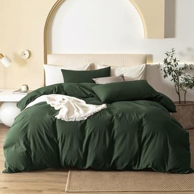 JIYUAN 100% Washed Cotton Duvet Cover Set 3 Pieces Oversized Queen, 1 Duvet Cover 98x98 Inches(Comforter Not Included) and 2 Pillowcases,Linen Feel Bedding Set Comfy and Breathable,Forest Green - Image 1