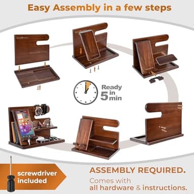 TESLYAR Wood Phone Docking Station for Men - Desktop or Nightstand Organizer - Birthday Gifts for Men, Dad - Anniversary Idea from Wife - Key Holder, Stand Wallet, Watch & Essentials (Chestnut) - Image 8