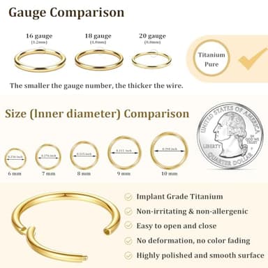20G 18G 16G Titanium Nose Ring Hoop, Cartilage Hoop Earrings for Women Men Silver Gold Nose Ring Septum Ring Tragus Conch Helix Daith Lip Piercing Jewelry 6mm/7mm/8mm/9mm/10mm (Gold-20g, 7mm) - Image 5