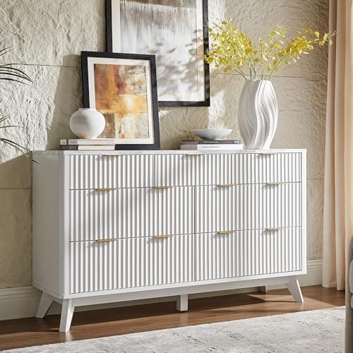 T4TREAM Fluted 7 Drawers Dresser, 54" Wide Modern Chest of Drawers with Faux Marble Top, Curved Profile Design, Dresser TV Stand, Wood Drawer Organizer for Bedroom, Living Room, Hallway, Solid White - Image 1
