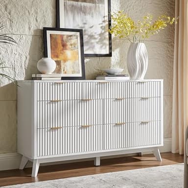T4TREAM Fluted 7 Drawers Dresser, 54" Wide Modern Chest of Drawers with Faux Marble Top, Curved Profile Design, Dresser TV Stand, Wood Drawer Organizer for Bedroom, Living Room, Hallway, Solid White - Image 1