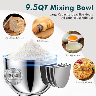 COOKLEE Stand Mixer, 9.5 Qt. 660W 10-Speed Electric Kitchen Mixer with Dishwasher-Safe Dough Hooks, Flat Beaters, Wire Whip & Pouring Shield Attachments for Most Home Cooks, Silver - Image 6
