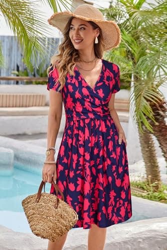 OUGES Women's 2025 Summer Short Sleeve V Neck Floral Midi Dress with Pockets Maternity Nursing Dresses Clothes (Navy Rose Floral,M) - Image 5