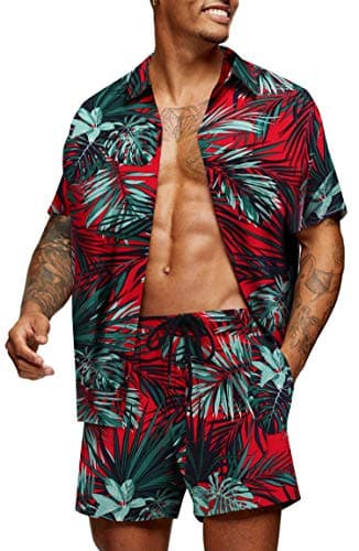 COOFANDY Men's Casual Floral Print Shirt Set Short Sleeve Tropical Leaves Shirt Summer Beach 2 Piece Short Set - Image 1