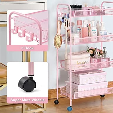 TOOLF 4 Tier Rolling Utility Cart - Durable Metal Design Pink Utility Cart, Storage Trolley on Wheels with 3 Hooks, Perfect for Kitchen, Bathroom & Laundry Room Organization - Image 2