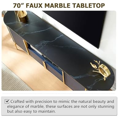 OKD Luxury 70" Fluted TV Stand, Modern Chic Entertainment Center for TVs Up to 80 inches, TV Console with Faux Marble Top, Curved Profile Design, Media Console for Living Room, Navy Blue - Image 3