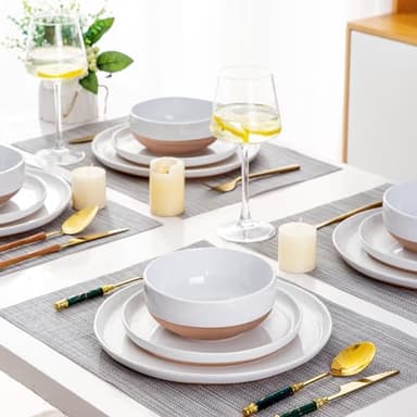 AmorArc 32 Pieces Ceramic Dinnerware Sets for 8, Handpainted Plates and Bowls Set with Rustic Terracotta Underside, Scratch Resistant Stoneware Dishes Set, Dishwasher & Microwave Safe, White - Image 7