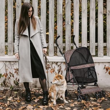 MoNiBloom 4 Wheels Pet Stroller, Easy-Fold Umbrella Shaped Dog Cat Jogger Stroller w/Storage Bag & Visible Mesh for Small/Medium Dogs Cats Leopard Print - Image 4