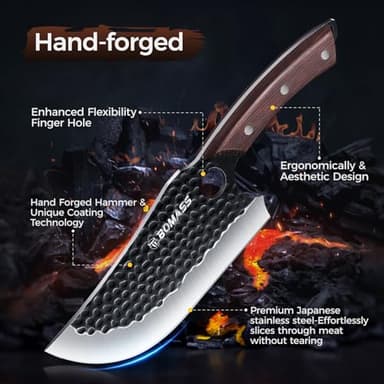Butcher Knife Meat Cleaver Knife, Hand Forged Japanese Knife Set of 3, High Carbon Kitchen Knife & Serbian Chef Knife & Boning Knife for Meat Cutting, Outdoor Cooking BBQ Camping Gift for Men - Image 3