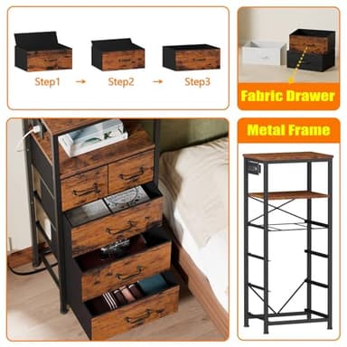 Furnulem Dresser for Bedroom, Tall Nightstand, Vertical Chest with Wood Top, Charging Station, LED Lights, 5 Fabric Bins, Bedside Table with Shelf, Furniture for Entryway (5 Drawer, Rustic Brown) - Image 7