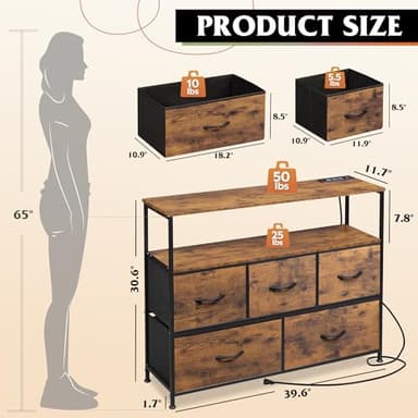 WLIVE Dresser for Bedroom, 5 Drawer Dressers with Charging Station, Fabric Chest of Drawers with Open Shelves, Storage Dresser for Living Room, Closet, Entryway, Rustic Brown Wood Grain Print - Image 3