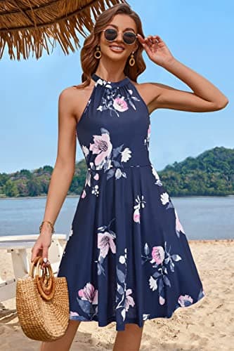 OUGES Women's Summer Dresses Floral Sundresses Halter Neck Casual Sundress(Floral-40,M) - Image 2