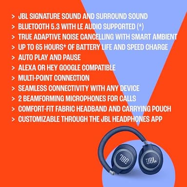 JBL Live 770NC - Wireless Over-Ear Headphones with True Adaptive Noise Cancelling with Smart Ambient, Up to 65 Hours of Battery Life, Comfort-fit Fabric Headband & Carrying Pouch (White) - Image 6