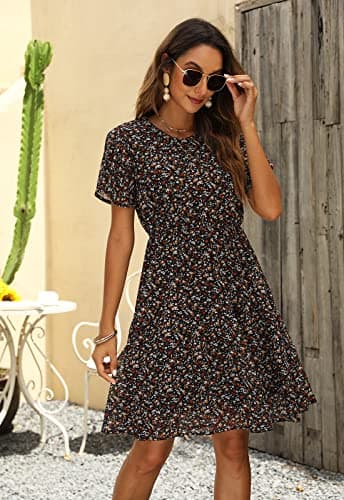 Manydress Women's Chiffon Floral Casual Summer Boho Flutter Sleeve Flowy Skater Western Dress MY112 (Black Print, M) - Image 7