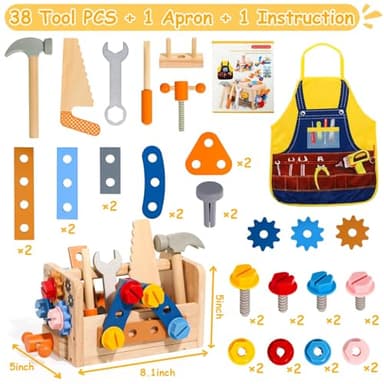TONZE Kids Tool Set with Apron, Wooden Toddler Tool Bench Montessori Toys for 2+Year Old 39 PCS Educational STEM Construction Toys for Ages 2-4 Pretend Play Toddler Toys 3 4 5 Year Old Birthday Gift - Image 3