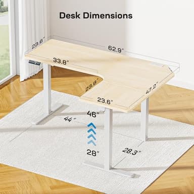 HUANUO 63″ Dual Motor L-Shaped Standing Desk, Built-in Power Outlets, Electric Height Adjustable Corner Computer Desk, Large Power Strip Holder, Sit Stand Up Desk with 3 Preset Heights, Natural Wood - Image 3