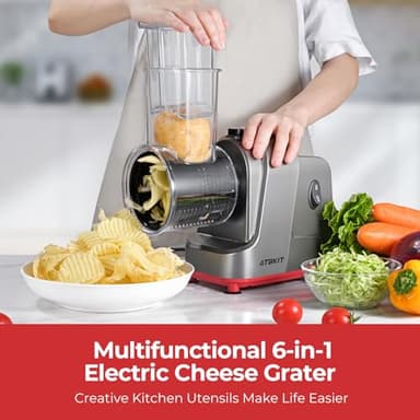 Electric Cheese Grater, Salad Maker With 6 Different Shapes of Blades, 250W Electric Slicer Shredder, Electric Salad Machine for Cheeses, Fruits, Vegetables - Image 2
