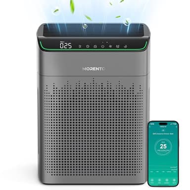 MORENTO Air Purifiers for Home Large Room Up to 1690 ft² with PM 2.5 Air Quality Monitor, Wi-Fi and Alexa compatible, HEPA Filter Double-sided Air Inlet for Smoke and Odor, 1 Pack+2 Pack Filters Grey