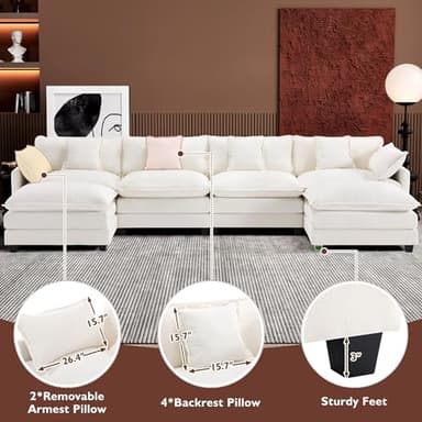 Ihanherry 146" U-Shaped Modern Sofa Modular Sectional Cloud Couch with 2 Ottoman, 6-Seat Chenille Deep Seat Sofa with 6 Pillows for Living Room, Bedroom and Apartment, Beige - Image 6