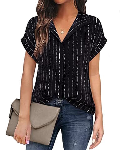 Timeson Ladies Tops and Blouses,Collared V Neck Work Shirts for Women Short Sleeve Business Casual Tops Women Professional Work Clothes Loose Fit Summer Chiffon Tunics Tops Sheer Silk Black Stripe S - Image 1
