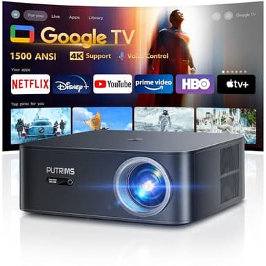[1500 ANSI/Google TV/Voice Control]Smart Projector with WiFi 6 and Bluetooth, Netflix-Licensed 4K Support, Outdoor Movie Proyector, 1080P Home Ceiling Auto Focus Projector, PUTRIMS K12 Gray - Image 1