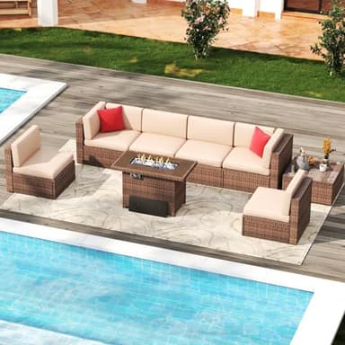 Aoxun 8PCS Patio Furniture Set with 40" Fire Pit Table Outdoor Sectional Sofa Sectional Wicker Furniture Set with Coffee Table for Patio Garden(8 PCS Brown) - Image 10