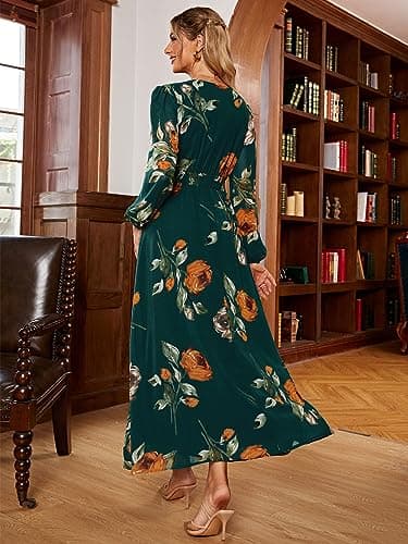 Simplee Women Casual Boho Floral Maxi Dress V Neck Long Sleeve Wedding Guest Dress Flowy Holiday Beach Empire Waist Long Dresses (Medium Emerald Green) - Image 4