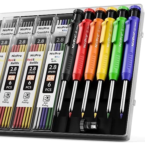 Nicpro 6 Pack Carpenter Pencil with Sharpener,Mechanical Pencils Set 54PCS Refills(Black,Red,Yellow,Blue,Green,White) Deep Hole Marker Construction Heavy Duty Woodworking -With Case - Image 1