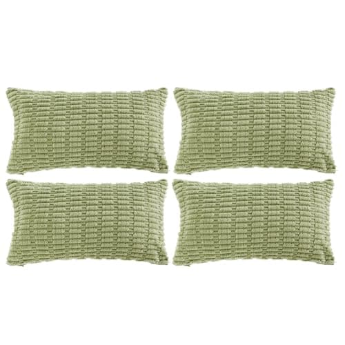 Fancy Homi 4 Packs Sage Green Decorative Throw Pillow Covers 12x20 Inch for Living Room Couch Bed Sofa, Rustic Farmhouse Boho Home Decor Soft Plush Striped Corduroy Square Cushion Case 30x50 cm - Image 1