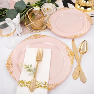 Nervure 350PCS Pink Plastic Plates - Pink Dinnerware Sets for 50 Guests - 100 Disposable Plates, 150 Gold Plastic Silverware, 50 Cups, 50 Napkins for Wedding & Party - Image 5