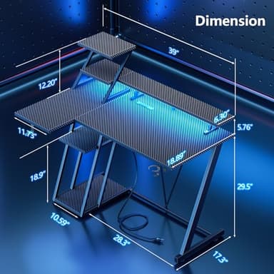 40 Inch Gaming Desk with LED Lights & Power Outlet, Small Gaming Computer Desk with Storage Shelves, L Shaped Gamer Workstations with Monitor Stand for Bedroom, Carbon Fiber Black - Image 2