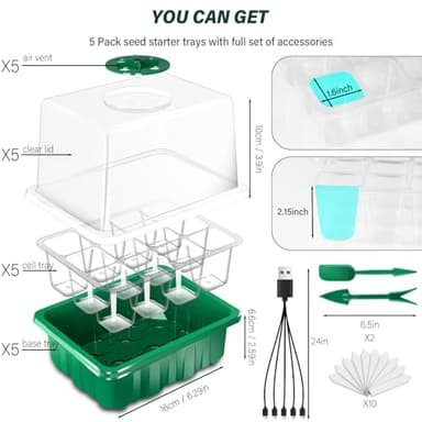 BEIUEN Seed Starter Tray with Grow Light, 5 Pack/60 Cells Seed Starter Kit, Seedling Starter Trays with Dome, Heightened Lids for Greenhouse Seeding Planting Growing (Green). - Image 6