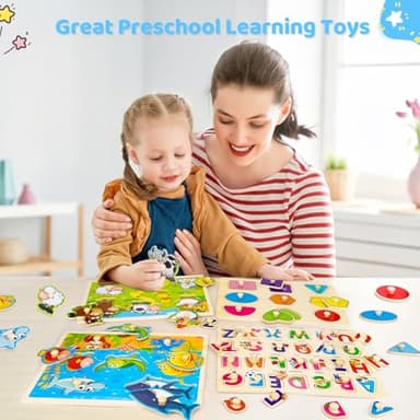 Wooden Peg Puzzles for Toddlers 2 3 4 Year Old, 4 Pack Montessori Toys Preschool Learning Puzzles for Toddlers 1-3 with Animals, Shapes, Alphabet, Wooden Toddler Toys Gifts for Kids Boys Girls - Image 4