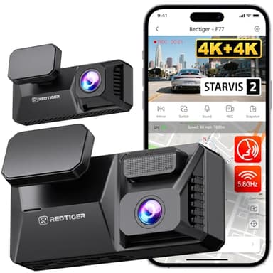 REDTIGER F77 4K+4K Dash Cam Front and Rear, Dual STARVIS 2 IMX678 HDR, Built-in 128GB eMMC, Voice Control Dash Camera for Cars with 5.8GHz WiFi, 4'' Touch Screen, GPS, Night Vision, 24H Parking Mode - Image 1