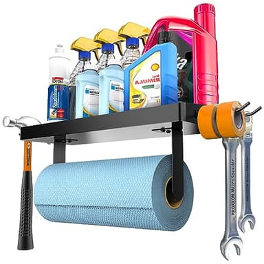 ZUNTO Garage Paper Towel Holder with Shelf, Black Stainless Steel Paper Towel Rack with Hooks, Wall Mount Paper Towel Holder for Kitchen, Garage Organization and Storage - Image 2