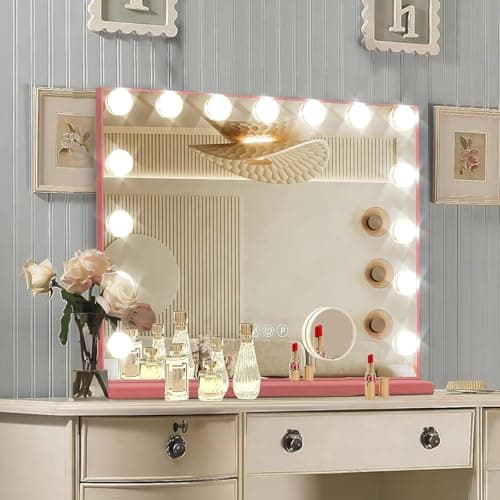 Ratsamee Pink Hollywood Vanity Mirror with Lights, 15 Dimmable Bulbs, 3 Color Lights,Make Up Lighted Mirror, Aluminum Metal Frame, USB Charging Port（23" x 18"） - Image 1