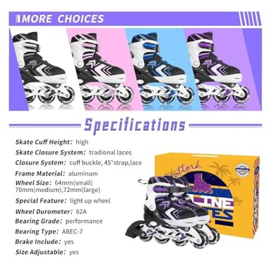 Adjustable Inline Skates for Girls, Girls Roller Skates with All Light up Wheels for Big Kids, Purple, Size 1 2 3 4 - Image 6